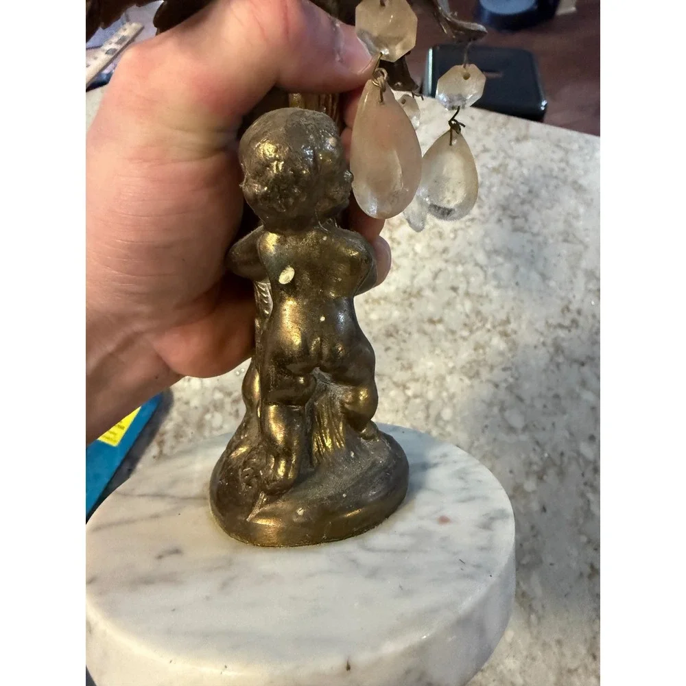 Vintage Cherub Centerpiece‎ Compote Cut Glass Bowl Brass Marble Base Prisms
